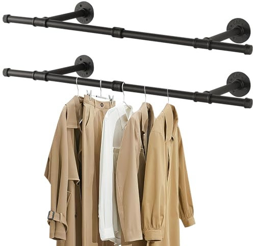 YheenLf Perchero de Pared Industrial, 90 cm Barra para Colgar Ropa, Vestidor Abierto, Riel Colgante Desmontable de Tuberías Industriales, Para Balcones, Dormitorios, Negro, 2-Pack