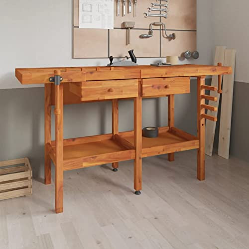 Homgoday Arbetsbänk med 2 lådor och 1 hylla, skruvstavar, arbetsbänkar, arbetsbord, verktygsbänk, arbetsbänk, snickarbänk, träarbetsbänk, 124 x 52 x 83 cm, akaciaträ