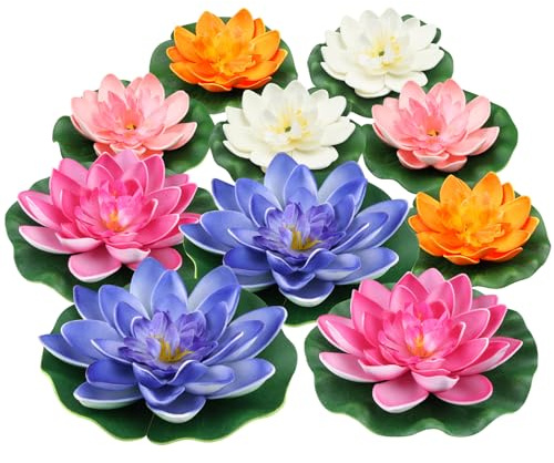 QUOZUO 10PCS 3 Sizes Artificial Foam Lotus Floating Flowers with Water Lily Pad Ornaments for Home Garden Pond Decor Pools Water Decorations, Colorful