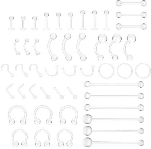 Yolev 48Pcs Piercing Jewelry Set - Acrylic Clear & Colored Septum Rings, Nose Studs, Lip, Cartilage, Tongue, Belly, Nipple & Eyebrow Bars
