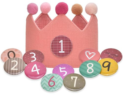 DealKits Geburtstagskrone Musselin mit Zahlen, Krone Geburtstag Jungen Mädchen, Kinder Partyhüte Party Deko für den Kindergeburtstag, Stoffkrone mit Button Zahlen von 1-9