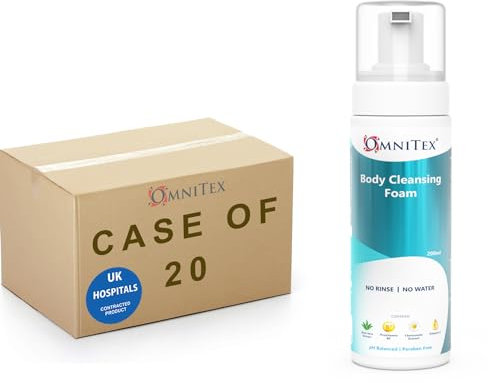 Case Saver 20x 200ml Omnitex Rinse Free Body Cleansing Foam, With Herbal Oils & Vitamins | No Water - No Rinse Body Wash | Skin Cleansing Foam, Aerosol Free, Alcohol Free, Dermatologically Tested