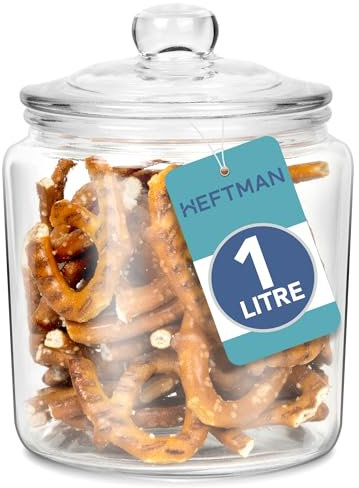 HEFTMAN Glass Jar with Lid - 1 Litre Clear, Empty Sweet Jars with Airtight Push-Top Lid - Sturdy Glass Vintage Apothecary Jars Perfect for Sweets, Coffee, Sugar, Laundry Pods Storage Container