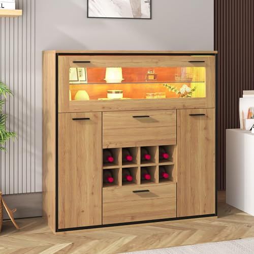 Aparador, elegante armario para vino con puertas dobles, estante de cristal y soporte para vino: almacenamiento perfecto en un elegante aparador. (negro y madera)