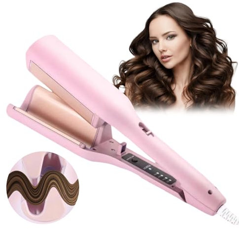 French Wave Curling Iron Crimper, Hair Waver Wand Double Barrel Curler Women Girl, 32mm Deep Crimpers for Mermaid Beach Hair, Egg Roll Wavers Styler Care Tool 4 Temp for Short Medium Long(Pink)