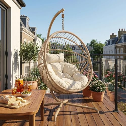 Blisswood Rattan Swing Egg Chair Garden Patio Indoor Outdoor Hanging Egg Chair With Cushion & Stand Indoor & Outdoor Egg Chair Upto 150kg Weight Capacity (Beige)