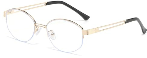 LJCZKA Glasögon Ljusblå Ovala Halva Bågar Män Kvinnor Glasögon Blått Ljusfilter Metall Anti-Reflex för Datorspel Läsning, Guld