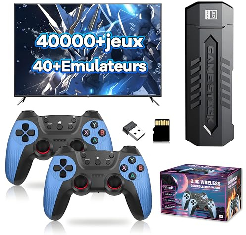 X2 Bleu Clé de Jeu Rétro 4K, Émulateur pour Console Vidéo, 40 000+ Jeux Rétro Intégrés, 40+ Émulateurs, Clé de Jeu Vidéo Plug and Play pour TV (128Go, Manette sans Fil Rechargeable)