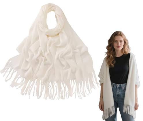 Quorlis damscarf vinter – mysig lång vinterhalsduk med bomullfransar, mjuk XXL halsduk för kvinnor, kashmirhalsduk damkänsla, perfekt som present och vardag, Vit, 200 x 70 cm