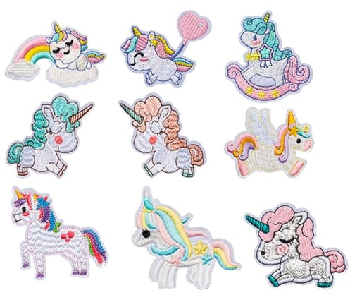 JEYORZY 9 Pcs Toppe Termoadesive Bambini, Unicorno Toppe Termoadesive Per Tessuti, Toppe Bambina Ricamate Toppa Di Riparazione, Per Abbigliamento Fai Da Te,Jeans, Magliette, Pantaloni, Zaino, Cappello