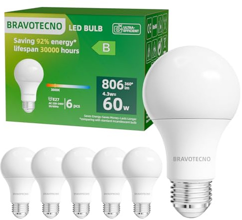bravotecno Lampadine LED E27, Classe Energetica B, E27 LED Luce Calda 3000K, 4,3W 806LM A60, Equivalente a 60W, Angolo di Illuminazione 360°, Non Dimmerabile, Basso Calore & Lunga Durata, 6 Pezzi