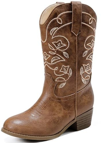LAURMOSA Brown Cowboy Boots for Kids Riding Boots Girls Cowgirl Boot Size 5 Western Cow Girl Embroidered Mid Calf Side Zipper Big Girls Teens Youth Party Birthday Country Dance Riding (UKL1051Brown 5)