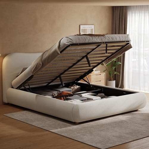 5ft King Size Bed Frame,Upholstered Ottoman Bed with Storage,Hydraulic Gas Lift Storage Beds with Curved Shaped Headboard & Wooden Slats,Boucle Fabric Youth Beds for Adult Kids Teenagers,Warm White