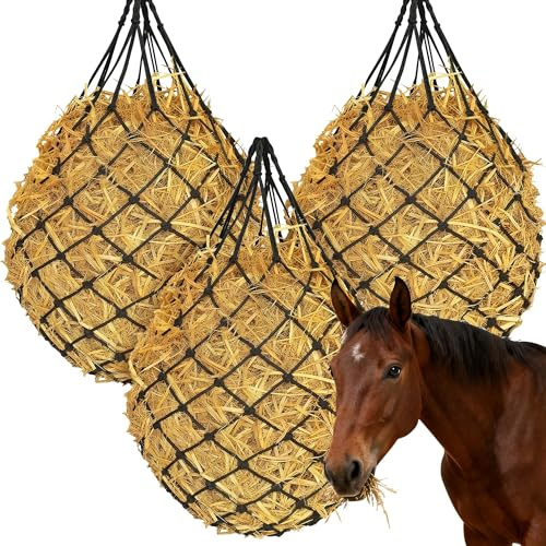 Ajerg 3 Pcs Heavy Duty Slow Feed Hay Bags for Horses - 47 Large Hanging Hay Net Feeder for Horses, Goats, Sheep, with Straps and Hooks for Stall, Fence, Trailer