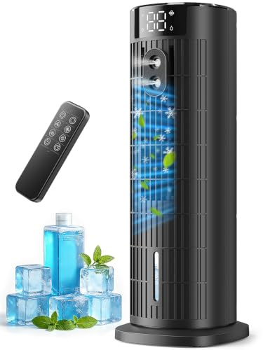 Condizionatore Portatile Senza Lama 2026, Alta Velocità 7,5 m/s, Motore CC Aggiornato Silenzioso <35 dB, Raffreddatore d'aria Portatile con 90° Oscillation, 4 Ventilatore, Timer 10H, Telecomando, Nero