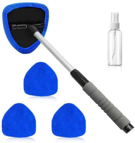 LUDHEP Pulitore parabrezza auto con 4 cuscinetti in microfibra, Pulitore Vetri Auto 360° con Manico Estendibile - Kit Multifunzione per Interno/Esterno