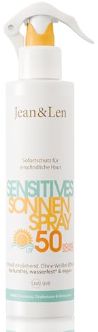 Jean & Len spray solare sensibile SPF 50 resistente all’acqua, adatto a pelle sensibile, senza siliconi, octocrylene e profumi, vegano, flacone spray 250 ml