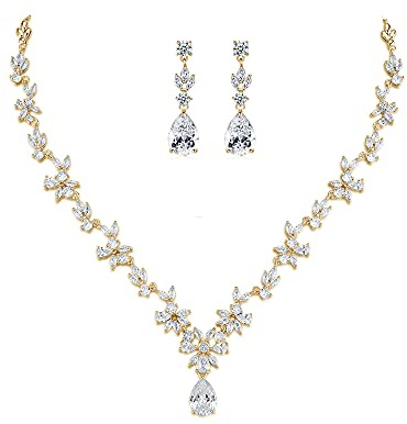 SNORSO MASOP Bijoux Parure Femme Plaqué Or Collier et Boucles d'oreilles Fleur Feuille Pendentif Goutte d'eau Parures de Mariage Soirée
