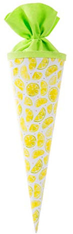 goldbuch 93 425 Geschwistertüte Zitrone, Schultüte mit Zitronenmuster, Lackkarton, Geschenkverpackung mit grünem Filzverschluss (ohne Verschlussband), Zuckertüte rund, Länge 35 cm, Ø 11,5 cm, Weiß
