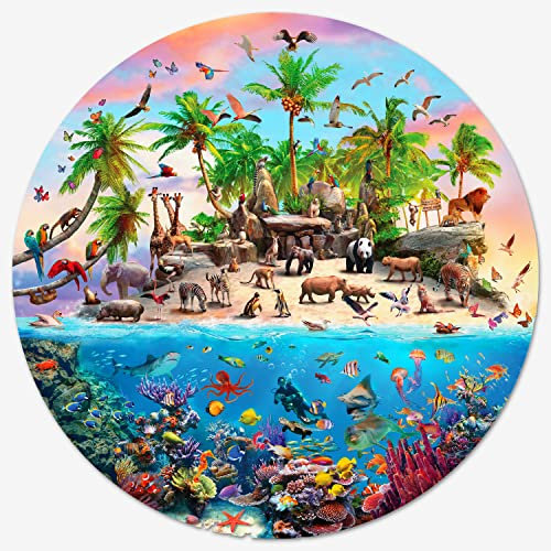 Shadzi Jigsaw Puzzles 1000 Pieces for Adults and Kids, an Island of Wildlife Creatures Creative Round Jigsaw Puzzles, Unique Challenge Games (26.57 inch)