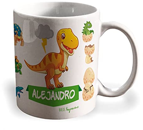 Bee Ingenious Taza dinosaurio personalizada con nombre.Regalos Niños y Niñas Personalizado.Tazas Personalizadas de Cerámica. (Tyrannosaurus)