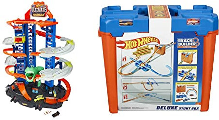 Hot Wheels GJL14 City Robo T Rex Megacity Parkgarage mit Spielzeug Dinosaurier inkl. 2 Spielzeugautos & GGP93 - Track Builder Mega Stunt Box mit Tracksets und Zubehör inkl. 2 Autos
