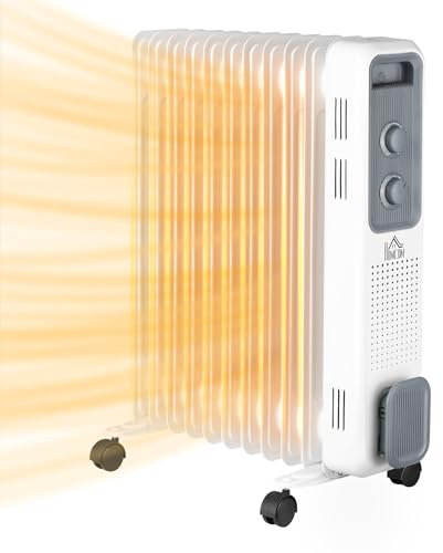 HOMCOM 2500W Oil Filled Radiator, 11 Fin, Portable Electric Heater with 3 Heat Settings, Safety Cut-Off and Wheels, White