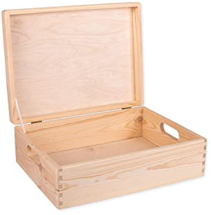 Unfinished Wood Box With Lid And Handles For Storage, Decoration, Organisation, Large Natural Wooden Craftsmanship, Rustic Home Decor, 40 x 30 x 14 cm.