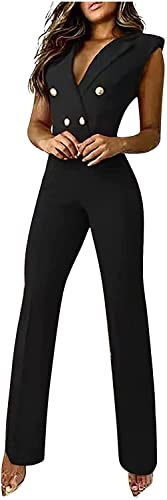 Mono de Mujer Moda de Noche de Boda Elegante Mono de Pierna Ancha Pantalones Cuello en V Mono de Fiesta Festivo Conjunto de Pantalones sin Mangas (Negro,S)
