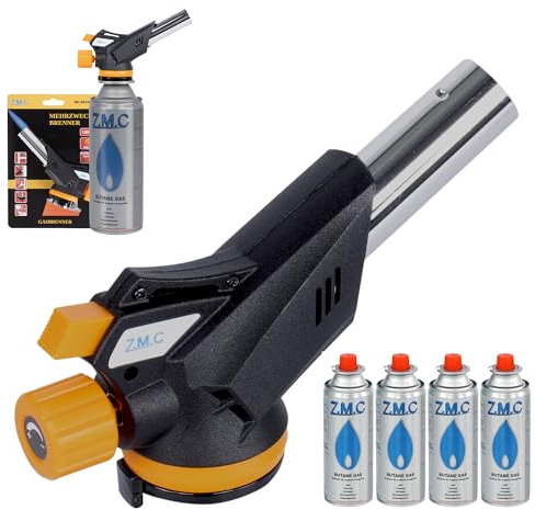Z.M.C Gasbrenner 1,3kW mit 4 Gaskartuschen 227g, Flambierbrenner bis 1300°C, Küchenbrenner & Bunsenbrenner, Lötbrenner & Schweißbrenner mit einstellbarer Flamme, ideal für Küche & Handwerk
