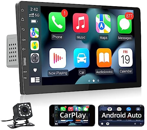 Podofo 9 Radio de Coche 1 DIN con Pantalla Compatible con Apple Carplay y Android Auto, Bluetooth Manos Libres Radio Estéreo con Radio FM, SWC, Enlace Espejo, USB + Cámara de Visión Trasera