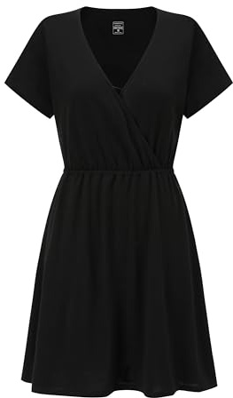 Adeptwool Womens Merino Wool Wrap Dress Short Sleeve Deep V Neck Black