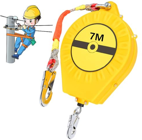 BOVDC Dispositivo Anticaduta Retrattile 3-20m, Imbracatura di Sicurezza Anticaduta Omologata, Verde/Giallo Apparecchiature Anticaduta, Capacità di Carico Massima 150KG(Giallo, 7m)