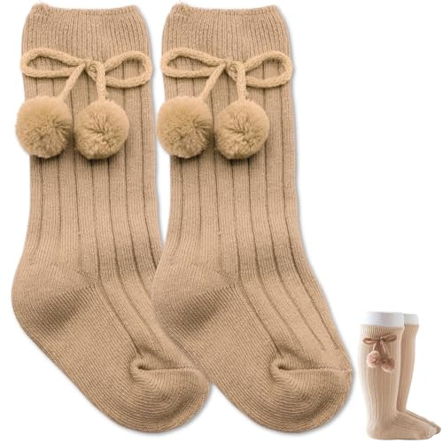 BABYZOCO Calcetines Largos de Algodón Con Pompones, Medias Largas de Algodón para Bebés, Calcetines de Rodilla para niños, Calcetas de Bebé, Apto para niños/as de 1 a 2 años, Talla M, Algodón, Beige