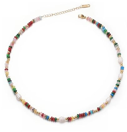 Aleasha Bunte Perlenkette Damen Boho Steine Kette süßwasserperlen Strand Halskette Edelstahl Handgefertigte Schmuck 38+5cm