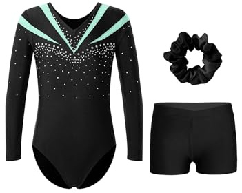 HULIJA Bambina Costume da Balletto Lunghe Maniche Body da Ginnastica Artistica con Pantaloncini per Capelli Leotards Danza Ritmica Pattinaggio Artistico Verde chiaro 13-14 anni