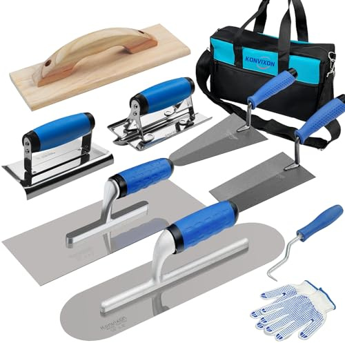 Konvixon 10PCS Concrete Trowel Set, Masonry Hand Tool Set Includes Large Flat Finishing and Pool Trowel, Wood Float, Concrete Edger and Groover, Margin Gauging, Wire Twister, Gloves & Carry Bag
