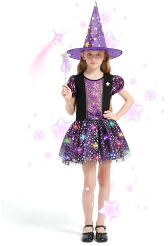 HERMORRYSS Costume da Strega Bambina, LED Vestito Strega con Cappello e Bacchetta Magica, 4 Pezzi Carnevale Costume di Streghetta per Ragazze Festa Halloween Carnevale Cosplay, 4 Taglie (110)