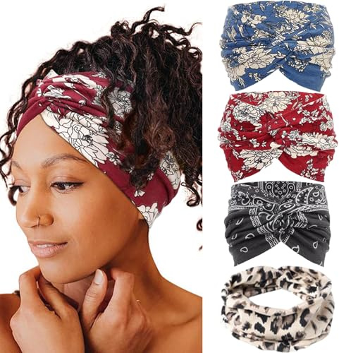 Sumneo Haarbänder Damen 4er Pack, Elastische Stirnbänder Extra Breit & Weich für Yoga & Sport, Atmungsaktiv & Rutschfest, Boho Haarschmuck Mehrfarbig im Set (5#11#12#43#)
