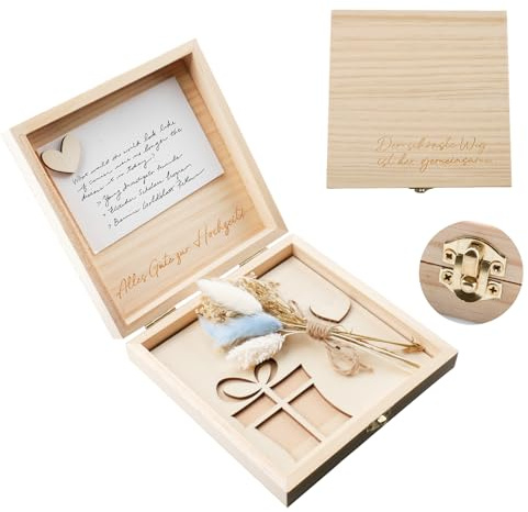 Shuqio Caja de Madera para Regalo de Dinero en Bodas, Caja de Recuerdos con Flores Secas y Bloc de Notas para Novios, Ideal como Regalo Original de Boda