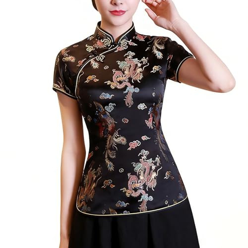 Blusa china de manga corta con cuello alto y brocado de flores para mujer, camisa tradicional Cheongsam
