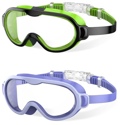 2 Pack Swim Goggles for Kids 6-14, Anti-Fog Anti-UV Wide View No Leak Swimming Goggles For Youth Boys Girls (Green+Purple)