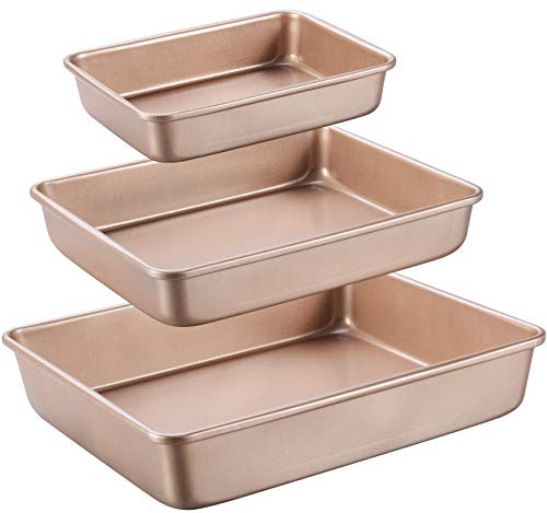 JOHO BAKING Deep Baking Pans Set Nonstick,Rectangle Cake Pan,Stackable Bakeware Set of 3,Oven Trays for Baking,Gold(9''/11''/13'')