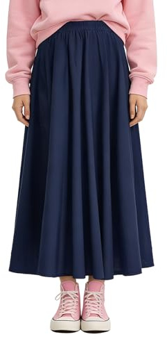 Soojun Women's Solid Cotton Linen Retro Vintage A-line Long Flowy Skirts, Navy, Medium Average