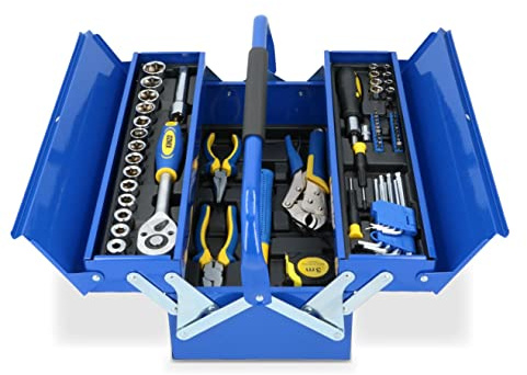 Kinzo Werkzeugkoffer - 64-teilig - Haushalts-Werkzeug im Metall-Werkzeugkasten - CRV Stahl - Blau