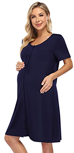KOJOOIN Chemise de Nuit Femme Naissance Allaitement Coton Robe d'allaitement Manches Courtes Robe de Nuit avec Patte de Boutonnage sur Toute la Longueur,Bleu foncé,L