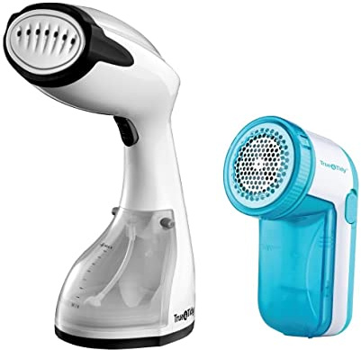 True & Tidy Power Steam Press Travel Handheld Garment Steamer and Lint Remover Bundle Set, Fabric Wrinkle Remover and Shaver