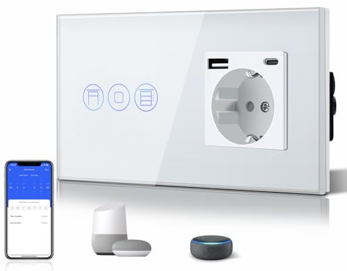 BSEED Interruptor Persiana WiFi,interruptores tactil empotrado,Inteligente Control de Porcentaje,Panel de Cristal,Control Remoto,Requiere Cable Neutro,Persiana + 1 Enchufe con USB/Tipo-C,157mm Blanco