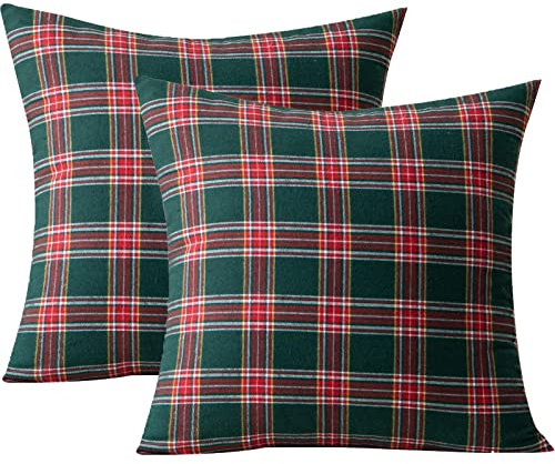 Qelus 2 er Kissenbezug Weihnachten Set, Kariert Plaid Kissenhülle 45x45cm, Weihnachtskissenbezug Dekorative Kissenbezüge Baumwolle Polyester, für Wohnzimmer Sofa Schlafzimmer (Rot und Grün)