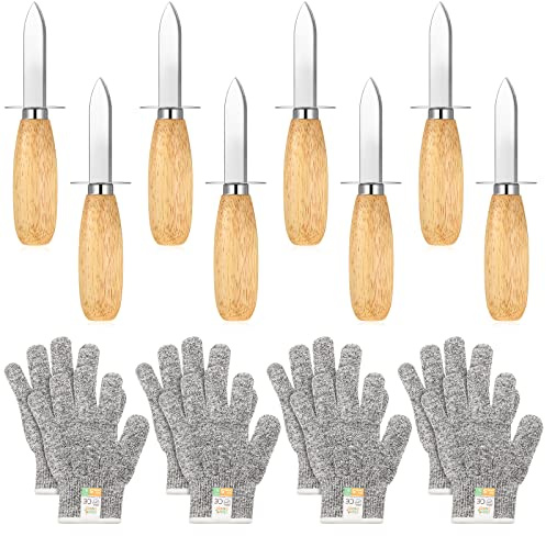 Tarpop 16 Pieces Oyster Shucking Knife Set 8 Stainless Steel Oyster Shuckers Bulk 8 Level 5 Protection Cut Resistant Gloves Seafood Opener Tool Kit for Clam Pearl Shell Shucking
